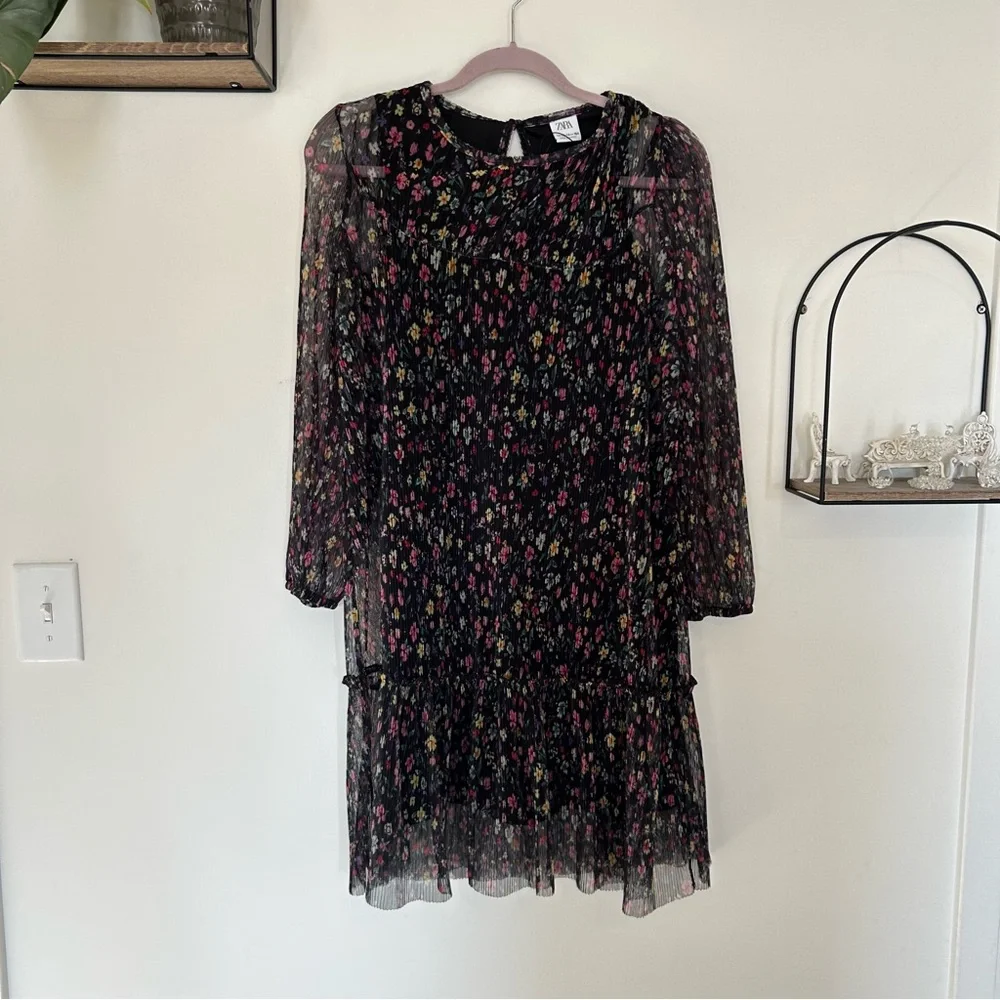 Zara Black Crinkle Rainbow Floral Print Long Sheer Sleeve Youth Dress Size 13/14